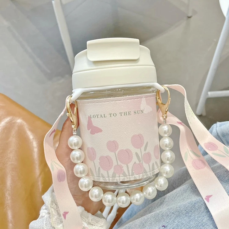 Elegant 14 oz Reusable Glass Water Bottles for Coffee Tea Juice Milk with Leather Sleeve and Carry Strap