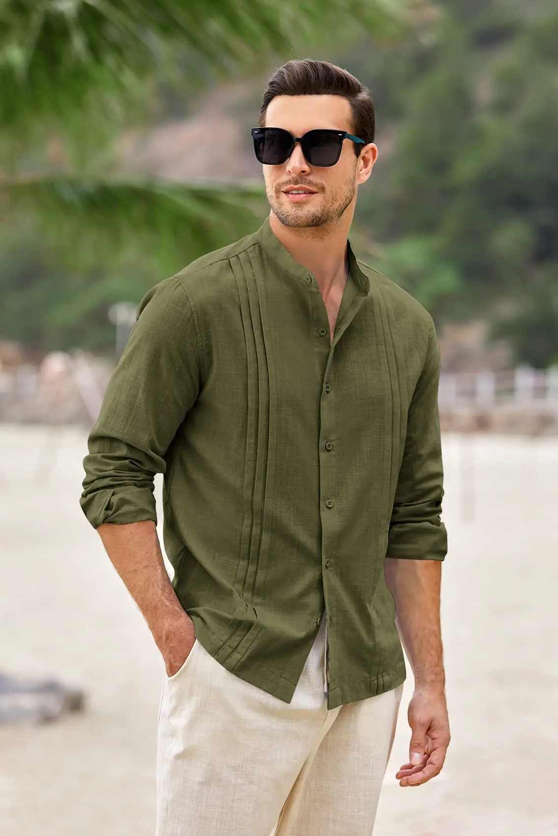 Mens Guayabera Button Down Shirt Linen Cotton Long Sleeve Cuban Camp Plain Summer Beach Shirts Top