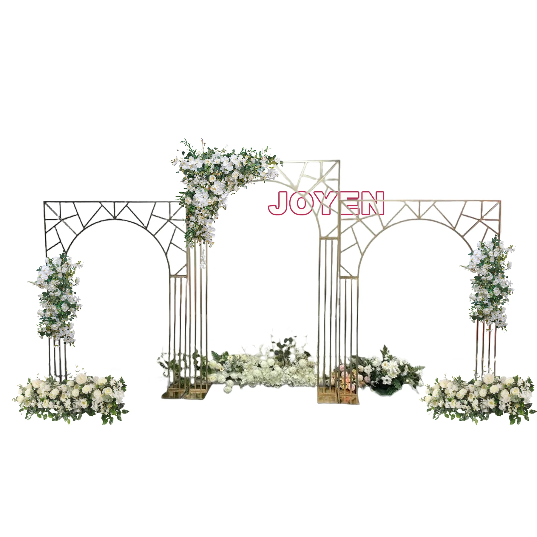 JOYEN Customized Shiny Artificial Flower Arch Outdoor Electroplating Flower Arch Stand Wedding Decoration