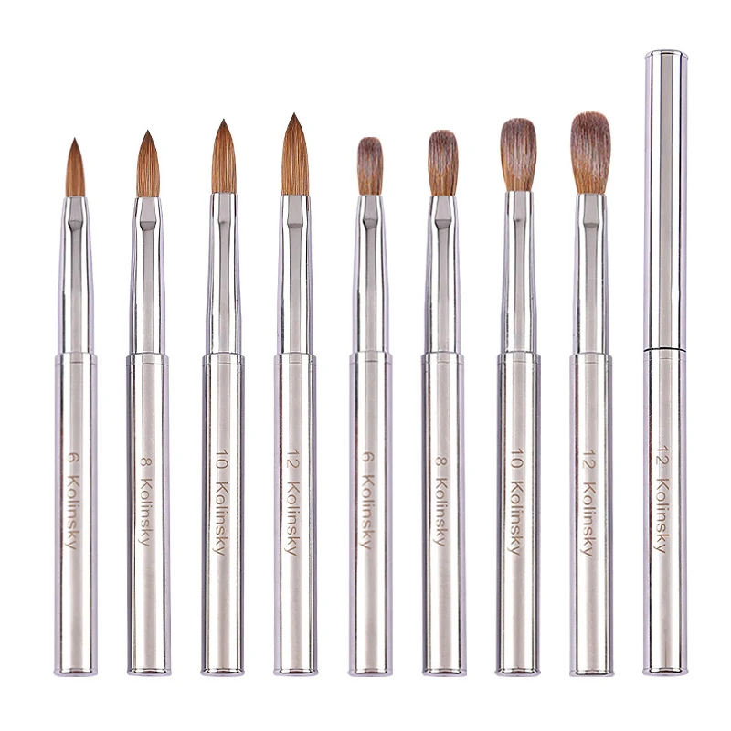 Wholesale Metal Handle Nail Brushes Private Label Manicure Acrylic Brush 100% Pure Kolinsky Crimped Oval Nail Brush