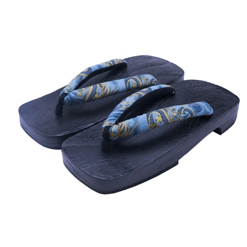 Wholesale gold dragon pattern printed on navy upper black wooden sole geta clogs sandal shoes men