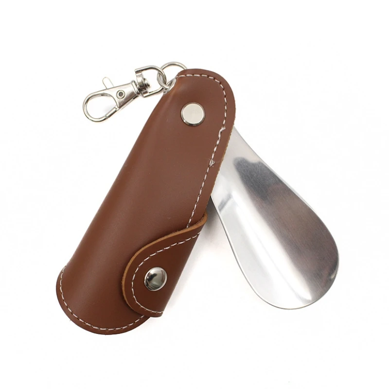 In Stock PU Leather Shoehorn Portable Shoe Horn Keychain Metal Shoe Lifter