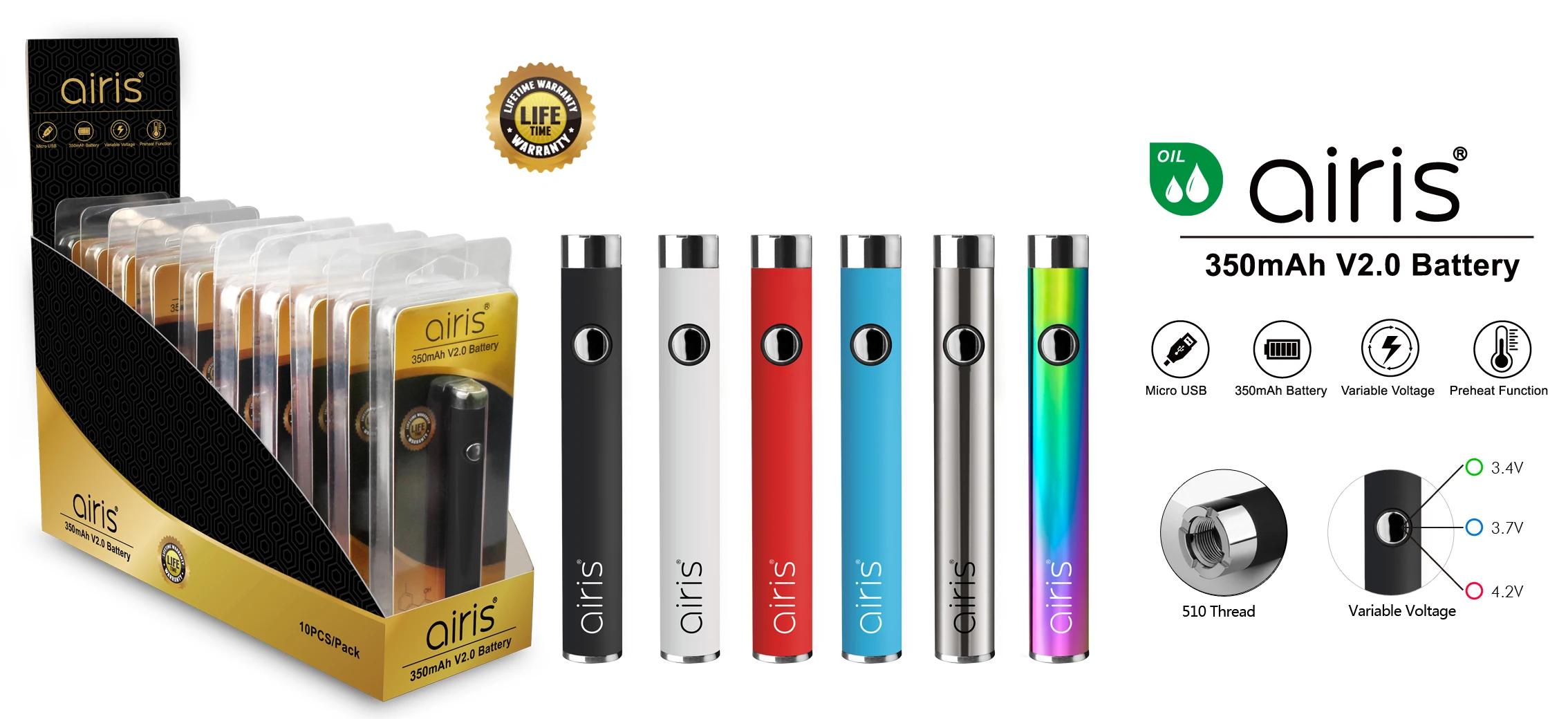  Лидер продаж аккумуляторная батарея 510 cbd зарядка от USB Airis VV 2 0 Аккумуляторная ручка