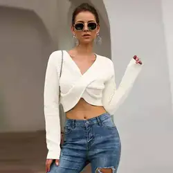 Fashion Autumn Winter Droppshiping Womens Long Sleeve Deep V Sweater Cross Lumbar Solid Color Autumn Loose Pullover Sweater