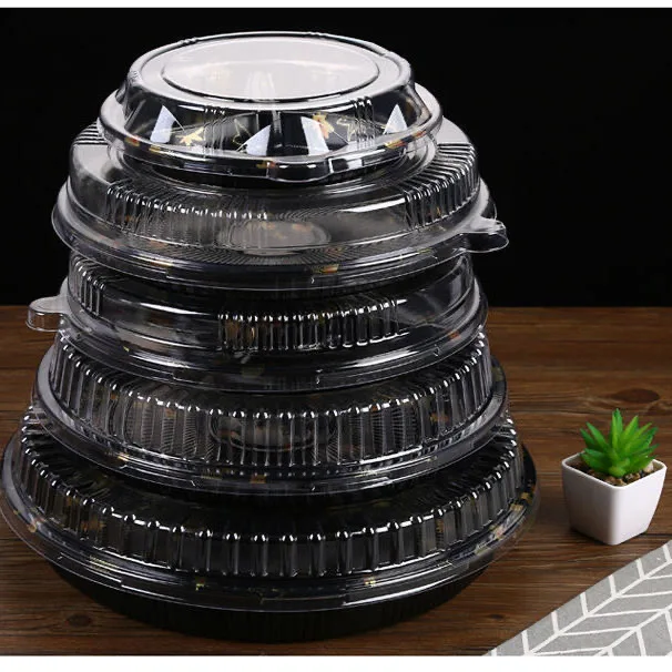 Customized Printed Catering Retail Foldable Compartment Disposable Box Delivery Plastic Round Fast Food Sushi Tray Packaging