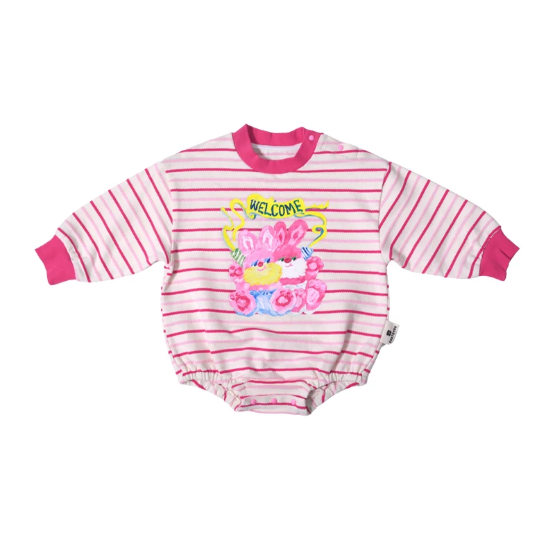 Custom Infant Cute Spring and Autumn Pure  100% Organic Cotton Bamboo Fiber Long Sleeves Striped Romper Baby Girl Romper Clothes