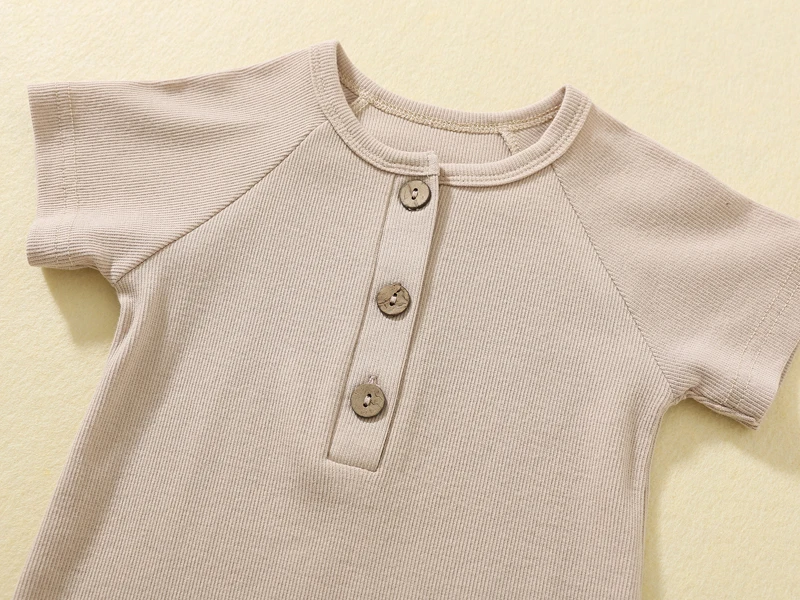 Baby Boys Girls Ribbed rompers Jumpsuit Summer Babies Soft Cotton Solid Color Front Button Short Sleeve One piece
