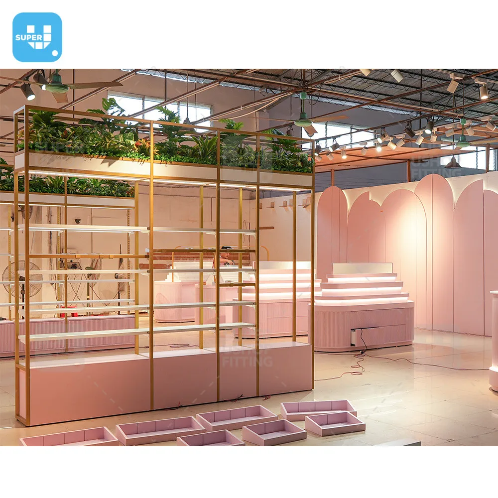 Modern Makeup Shop Furniture Decor Retail Pink Perfume Store Fixtures Custom Wooden Cosmetic Wall Display Shelves for Skincare