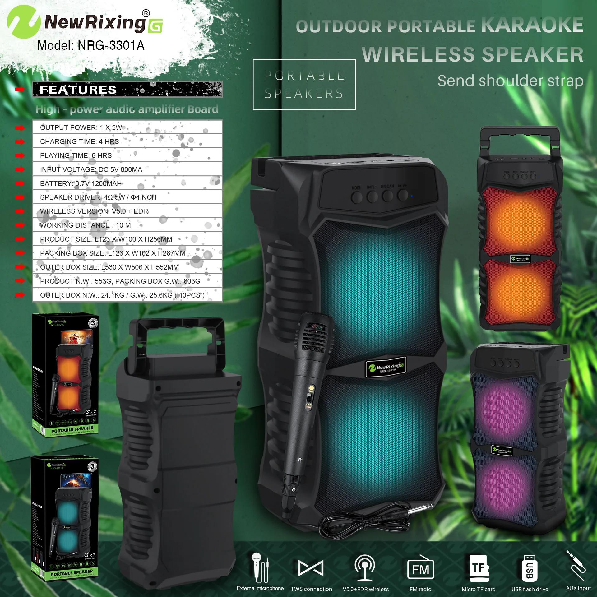 Karaoke Professional Portable Wireless Speaker With Flashing Led Light Large Circle Dazzle Led Light With Audio Line