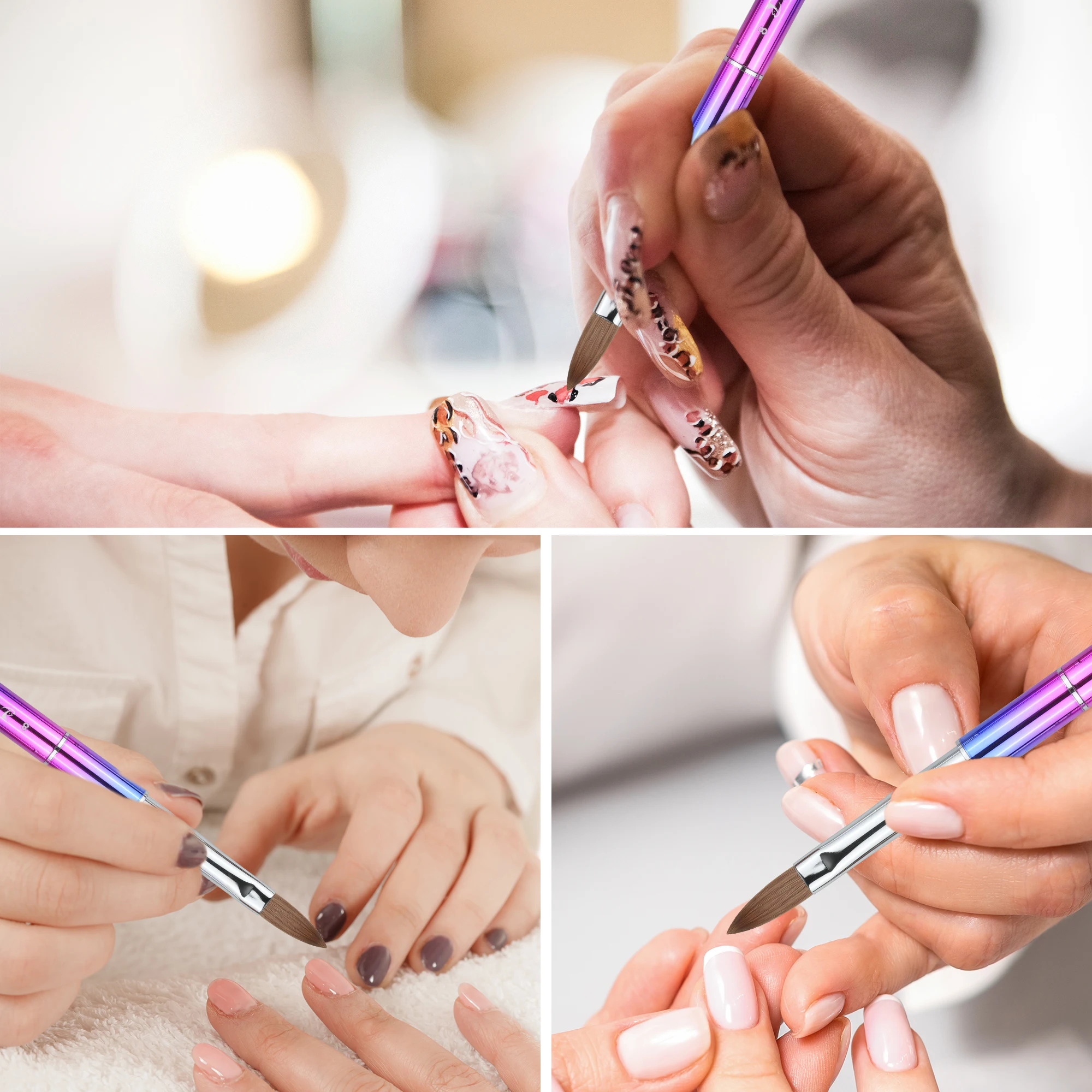 Private Label Custom Gradients Rainbow Metal Nail Brush Nail Art Painting Pen 100% Pure Kolinsky Hair Acrylic Nail Brush Set