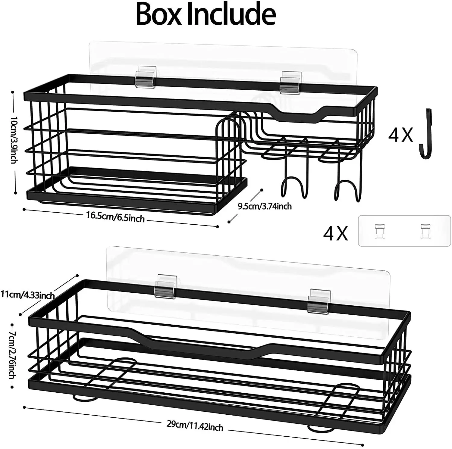 Stainless Steel No Drilling Wall Mount Rustproof Black Bathroom Accessories Basket Shelves with Hooks shower caddy bath shelf