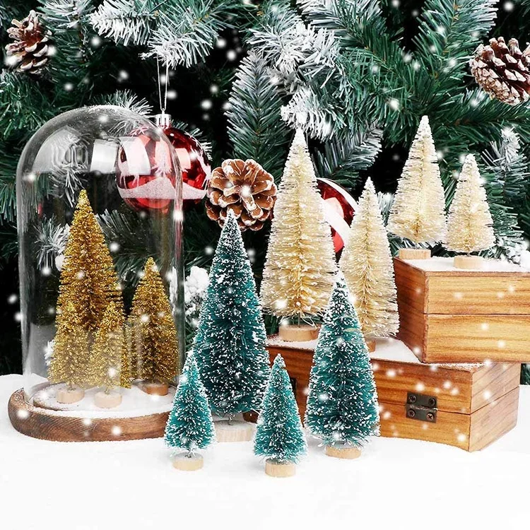 Handmade Winter Snow Ornaments Green Ivory Gold Mini Bottle Brush Christmas Tree Set