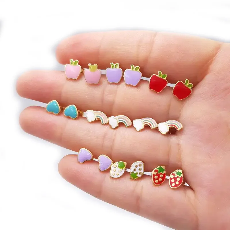 Waterproof hypoallergenic heart apple real gold plated enamel stud earring stainless steel screw post jewelry earrings for girls