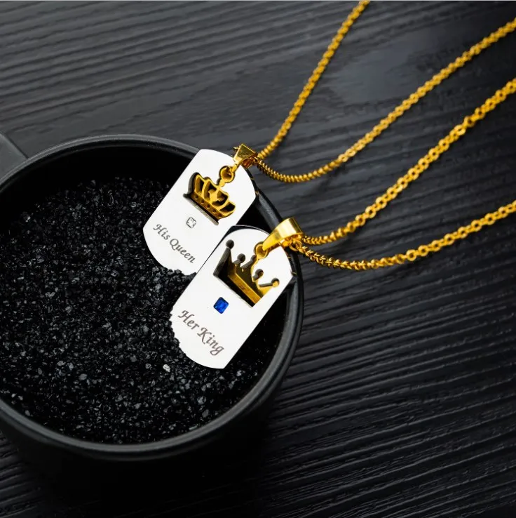 Black Gold Stainless Steel Unisex King & Queen Necklace His Queen and Her King Pendant for Children