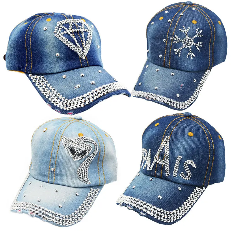 Women Distressed Denim Baseball Cap Rhinestone Jeans Bejeweled Crown Sparkle Bling Hat