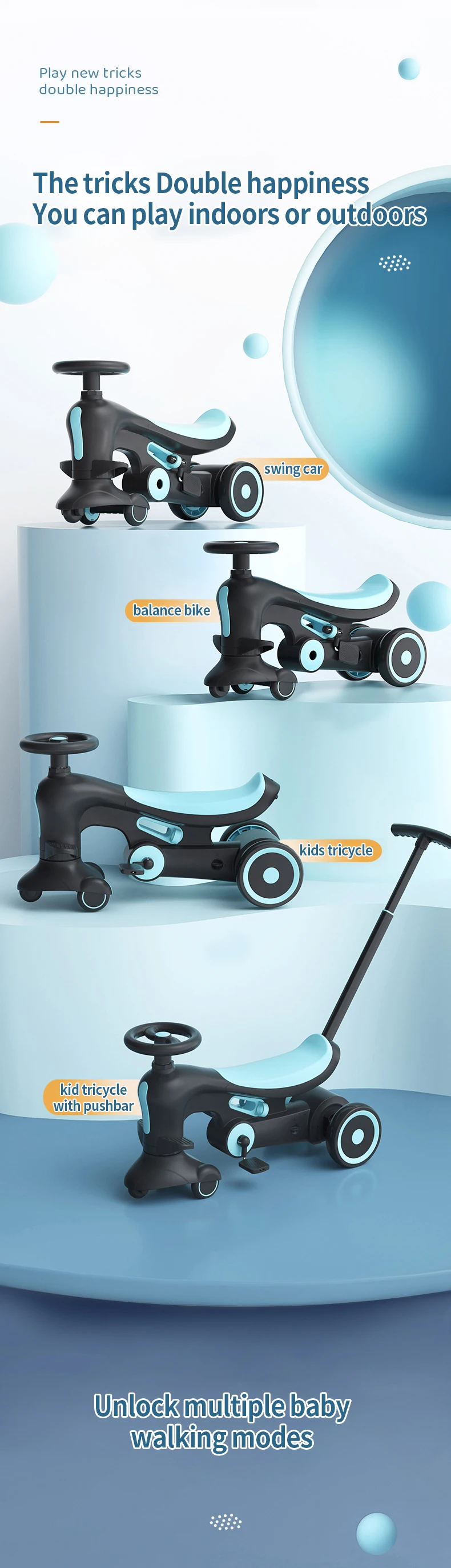 China wholesales 2021 new design 4IN1 baby swing car with push bar and stored pedals baby kids children sliding car ride on toys