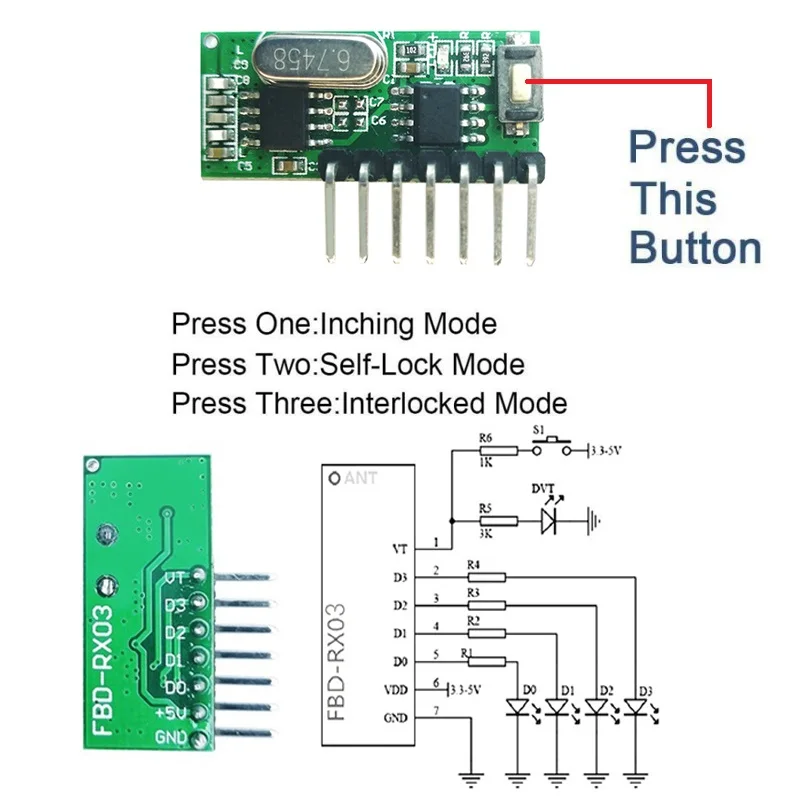 433mhz rf transmitter receiver module 6 button remote hoist controller Ev1527 learning code Wii remote