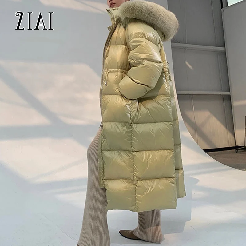 Wholesale winter 90 white duck down big fox fur collar waist tie down coat women winter long coat