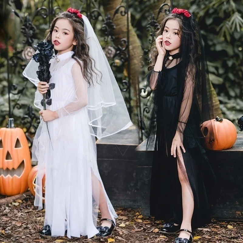 Halloween costume for kids Ghost Bride Costume Bride Zombie Dress Girls Black white Witch Costume Dark Devil GhostBride Dress