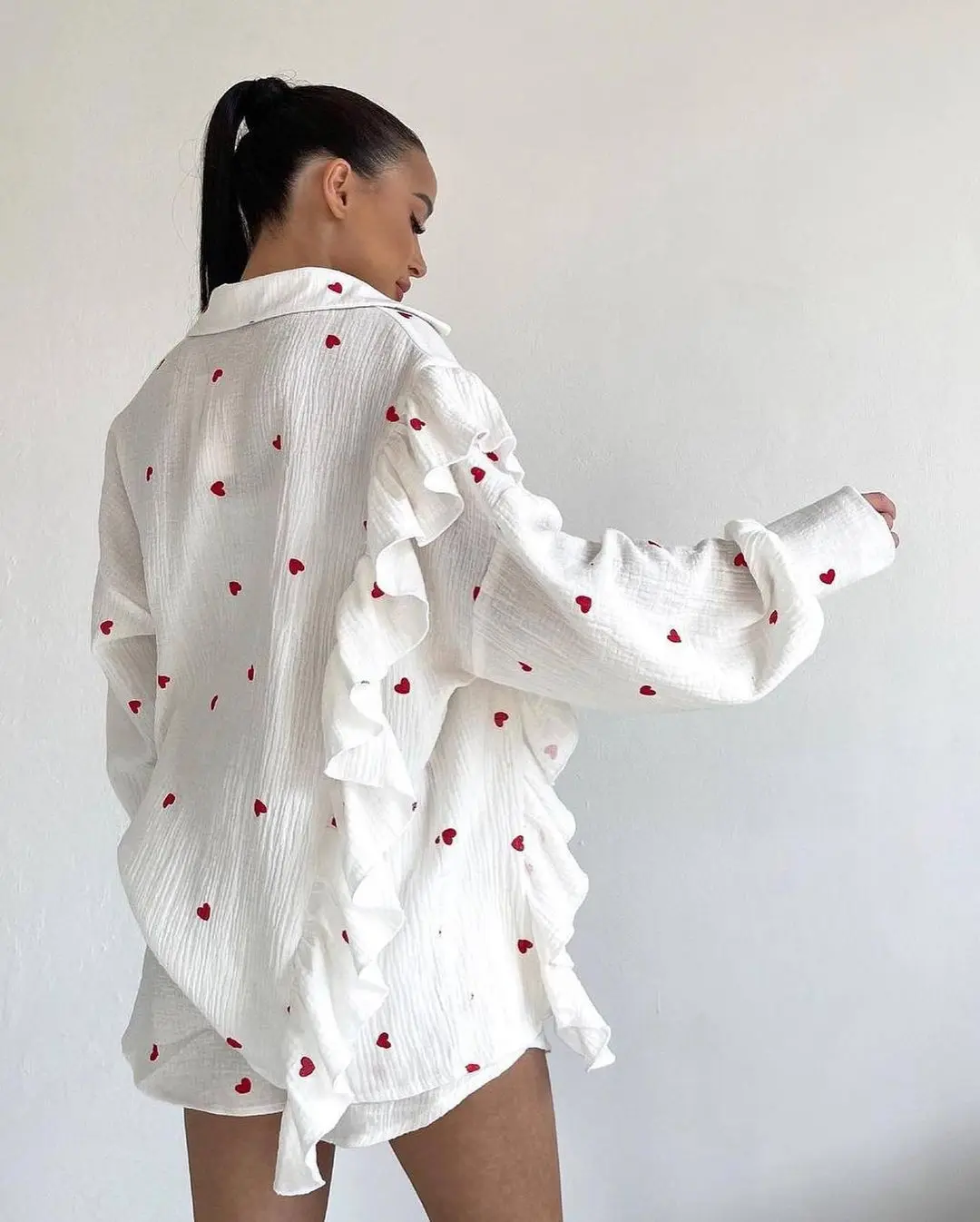 Spring Autumn Fashion Love Printed Pajamas Two Piece Set Casual Soft Cotton Short Women Home Clothes