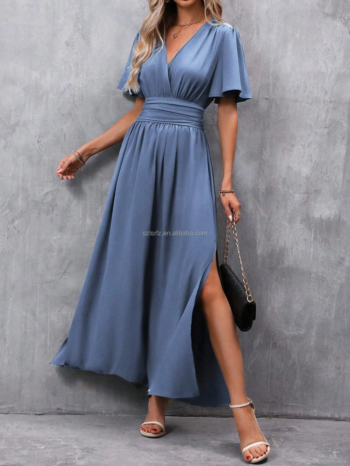 Instagram New Summer 2024 Elegant and Generous Deep V-neck Design Two Side Slit Pleats and Waist Cinching Long Dress