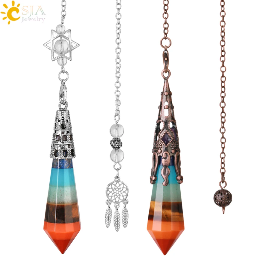 CSJA Natural Gem Stone Faceted Piont Pendant Amulet  7 Chakras Spiritual Crystal Pendulum For Dowsing Dinviation H064