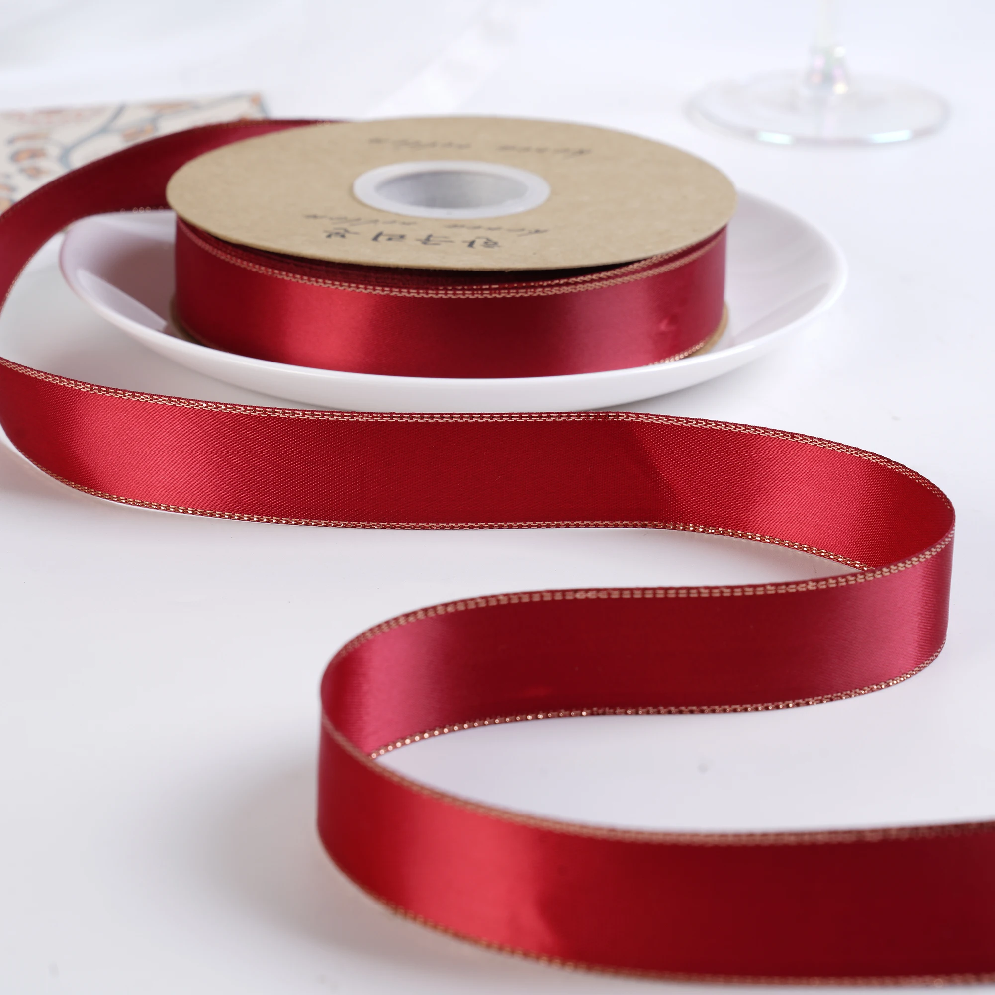 Wholesale 100% polyester gold edged satin ribbon for gift or flower wrapping