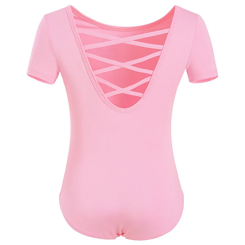 Wholesale Dance Class Uniform Kids Dancing Practice Costume Short Sleeve Crisscross Straps Back Ballet Perform Leotard For Girls