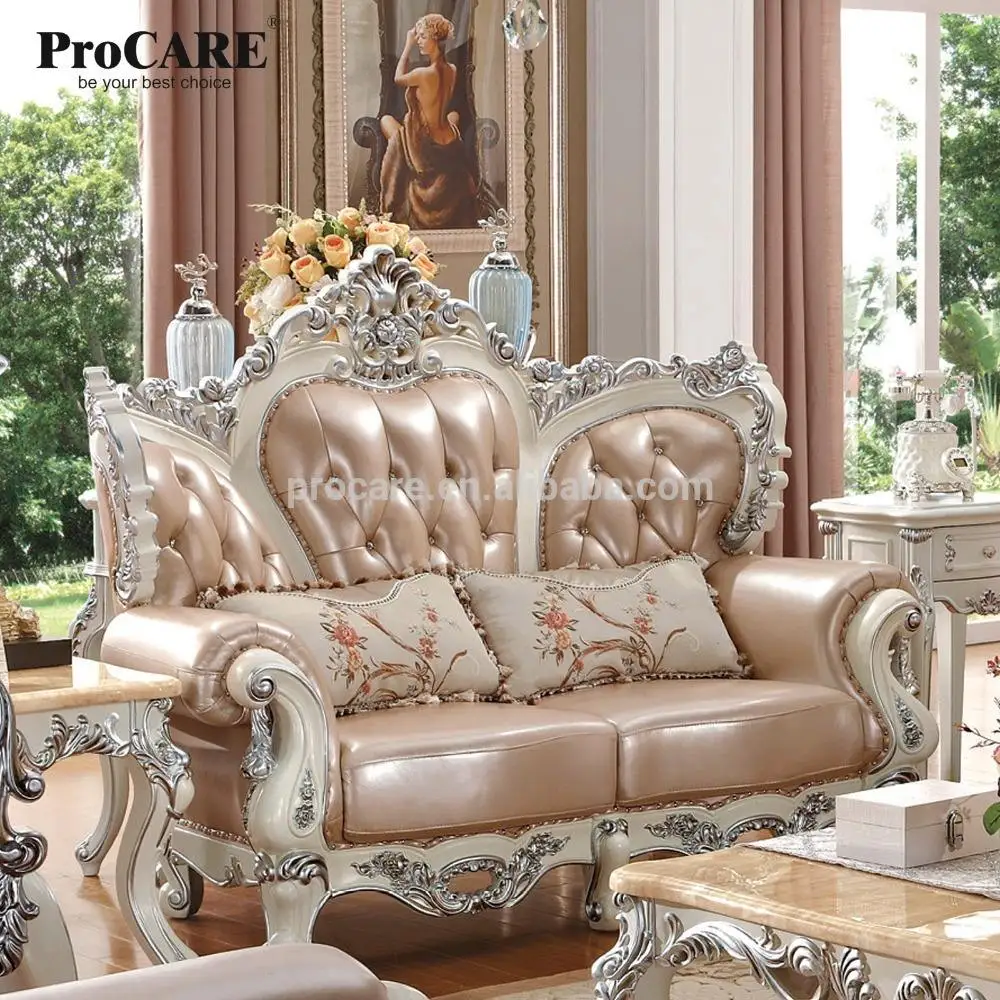 European Luxury French Baroque Style Royal Living Room Furniture Set Golden Sofas Palace Wooden Hand Carved Leather Sofa Set