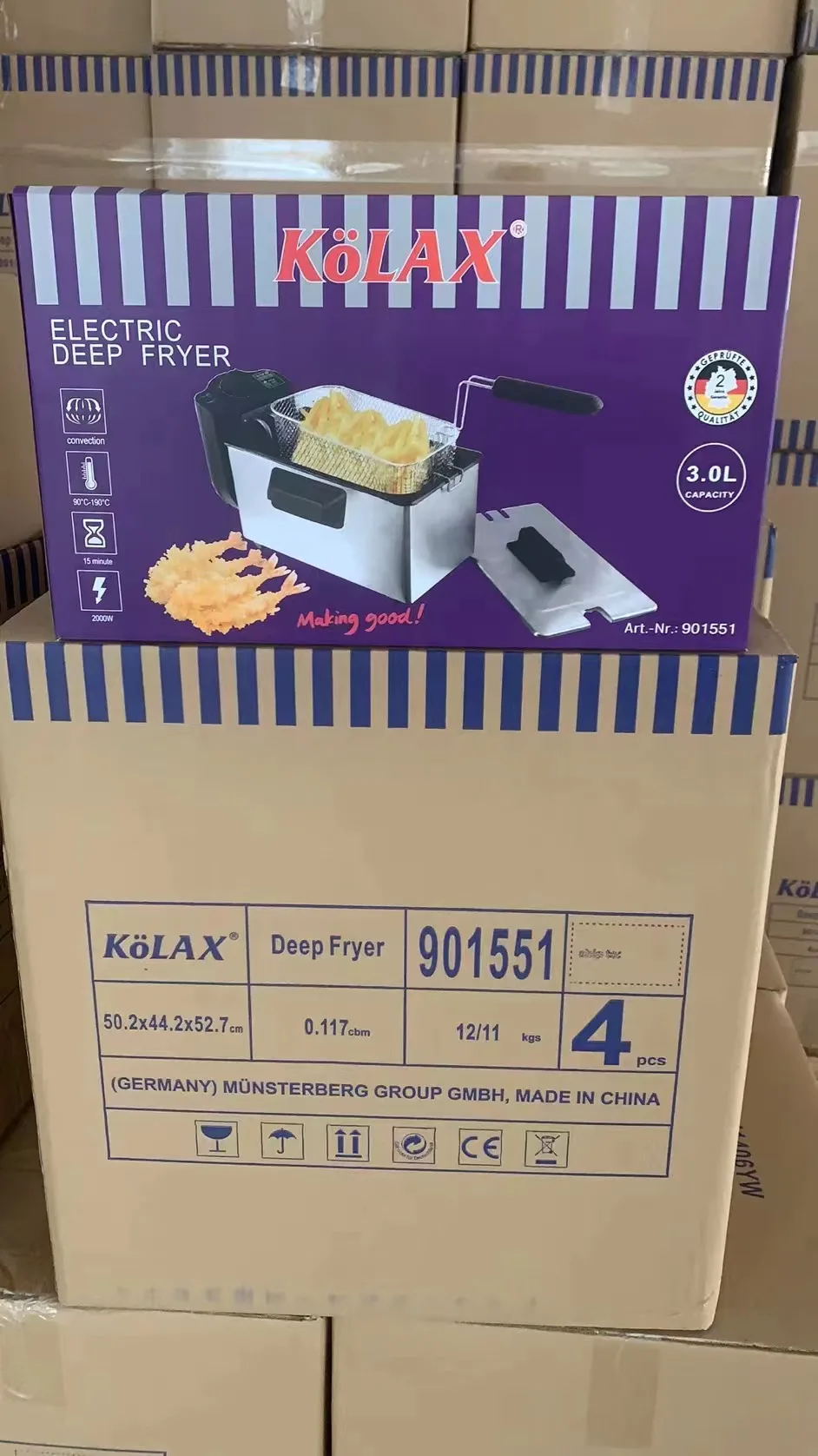 kolax brand removable deep fryer ss for fish potato chips  2000w 3L adjustable thermostat