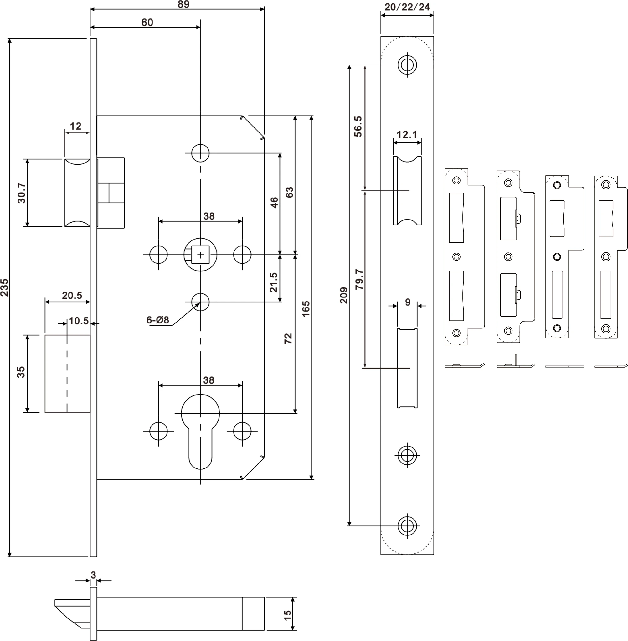 b60mm c72mm SS Mortise Lock EN High Quality Security Fire Lock Body for anti fire door