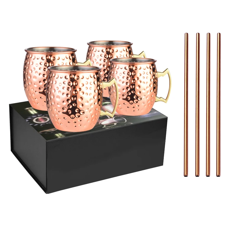 Custom Wholesale Cooper Russian Standard 2 Hammered Solid Copper Moscow Mule Mug Cup Set of 4 With Straw