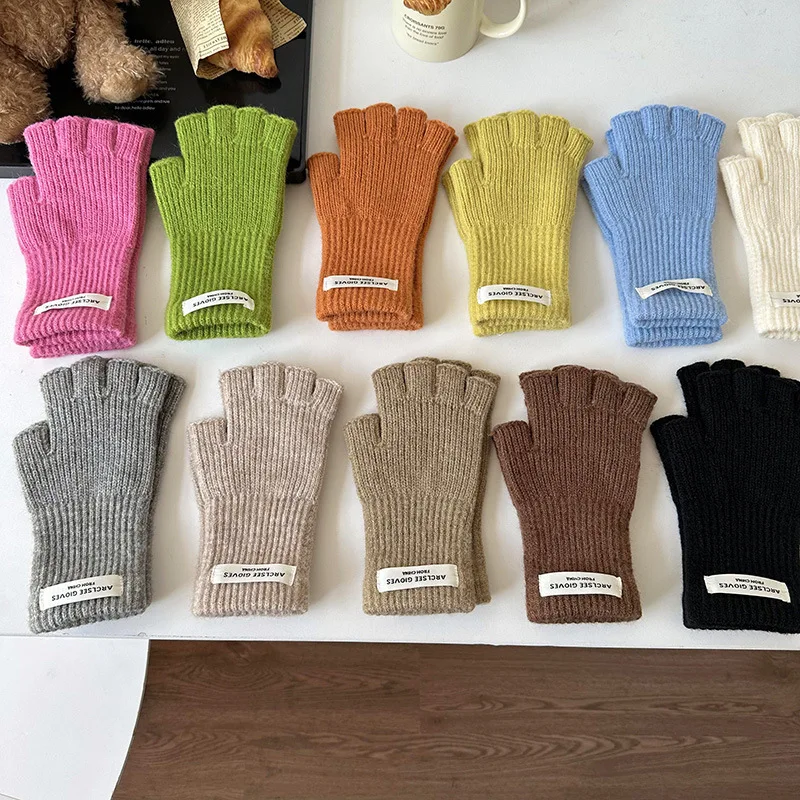 Touch Screen Solid Color Wool Knitted Gloves Korean Version Label Half Finger Hand Gloves Harajuku Style Warm Winter Gloves