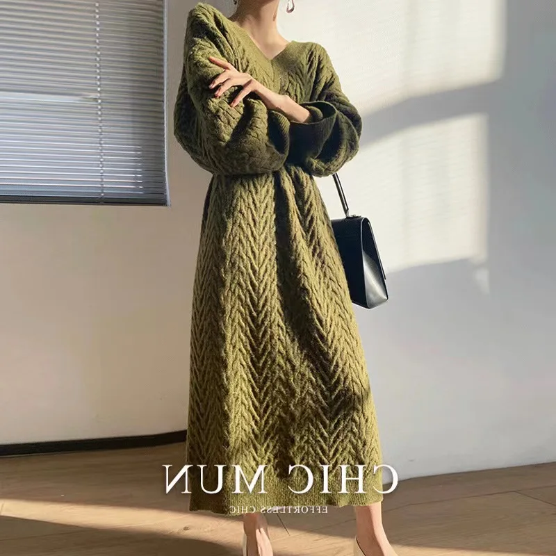 Autumn winter over knee long knitted dress female loose large size temperament V neck long skirt South Korea base sweater skirt