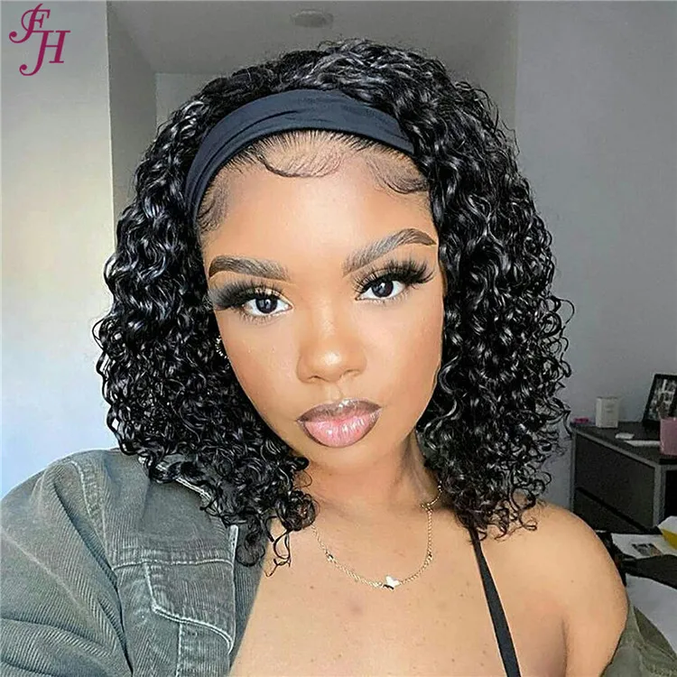 FH 100% vrigin human hair deep wave headband wig black color none lace front wigs raw indian hair headband wigs for sale