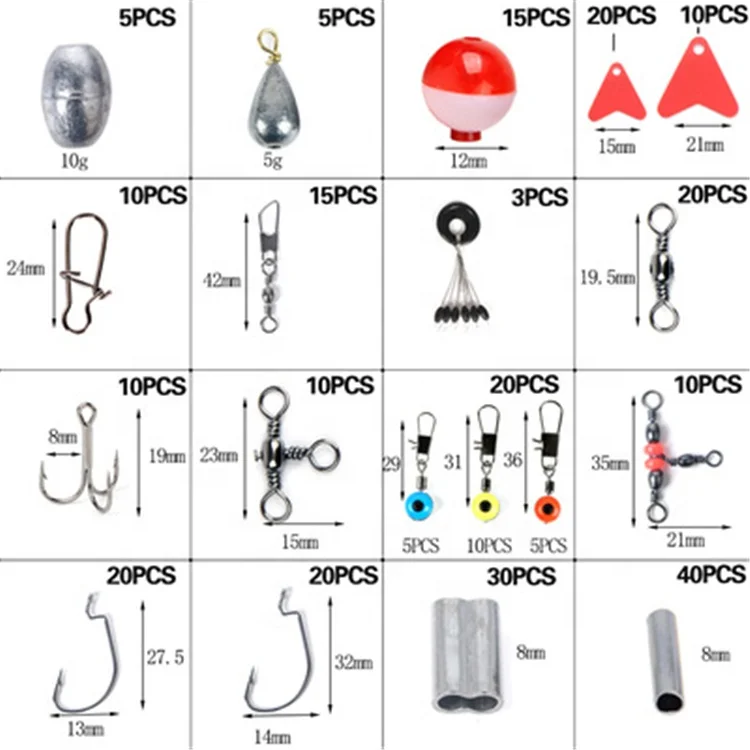 263 Pcs/box of Fishing Accessories Combo Kit Including Swivel Fixed Bead Swivel Connector Crank Hook Fishing Plumb Bob