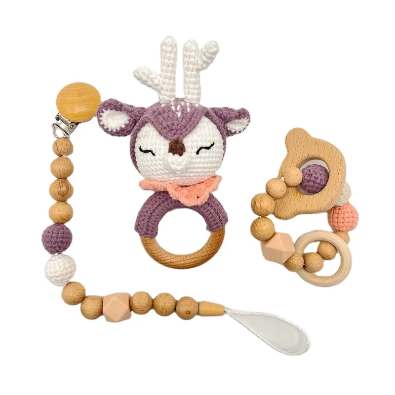 Handmade Deer Elk Wooden Crochet Animal Rattle soft baby teether ring stuffed teething toy for newborn gift set
