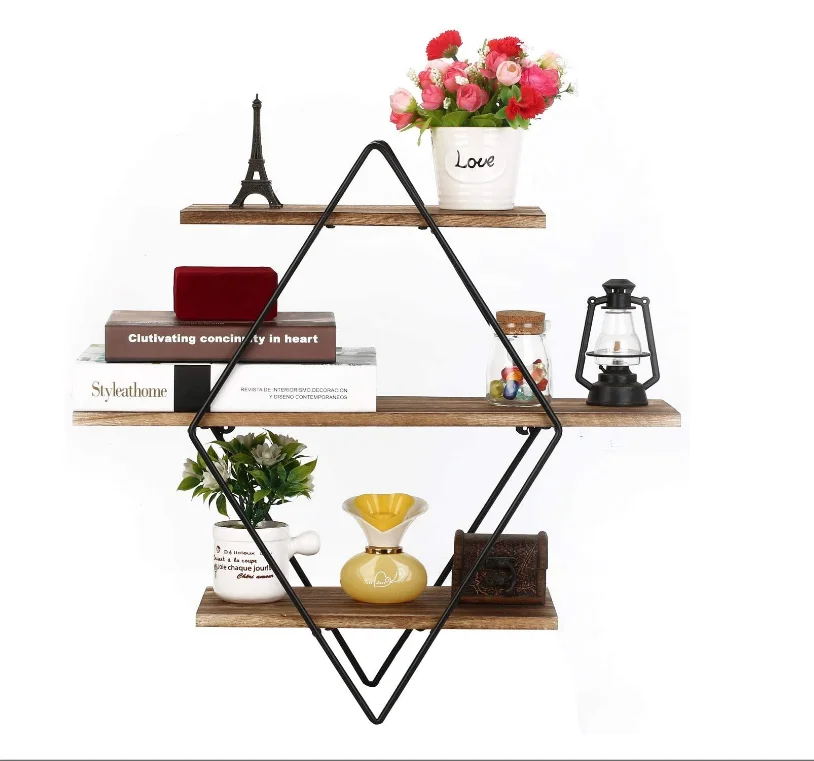 Customized wholesale three-layer geometric decorative wall shelf wall mount floating shelf
