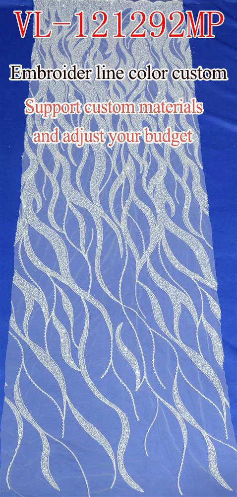 Factory custom African navy blue fabric hand beaded and sequined floral vintage embroidery tulle lace fabric