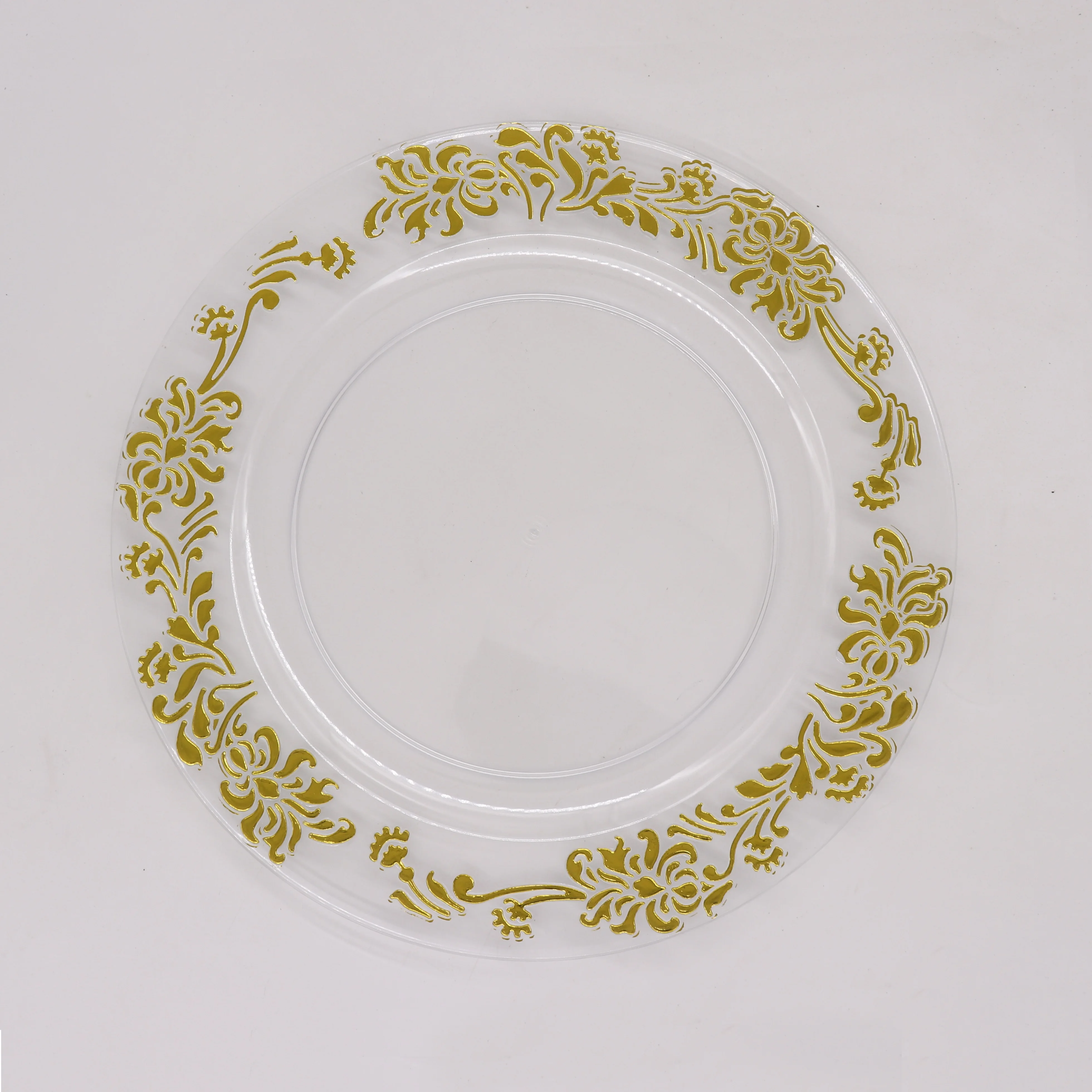 Custom Tabletop Round Clear Plastic Plate Festival Snack Serving with Gold Bead and Gold Line Edge