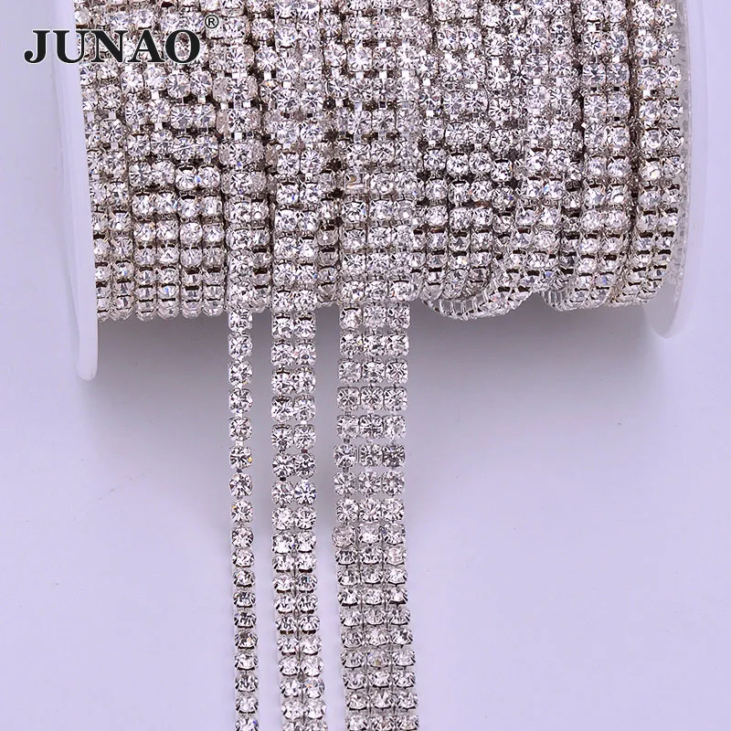 JUNAO 1 2 3 Rows SS12 Sil ver Crystal Trim 10 Yard Clear Glass Rhinestones Chain Sewing Stones Ribbon For Jewelry Dress