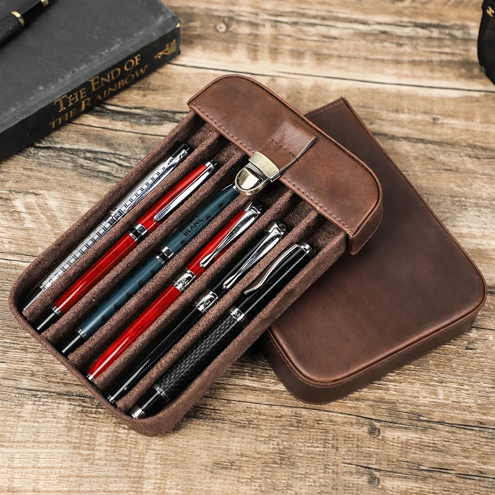 6 Slots Travel Pen Case Storage Box Leather Hard Pen Case Holder with Detachable Tray Office Stationery