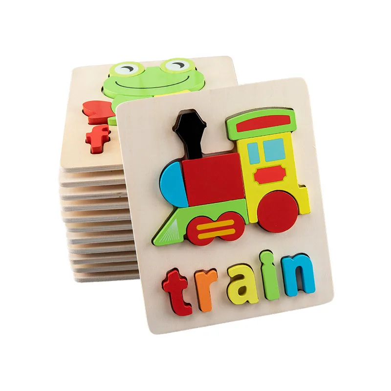 Montessori Baby Wooden 3D DIY Alphabet Word Animal Jigsaw Puzzles Game Educational Learning Toys For Wood Kids Boys And Girls