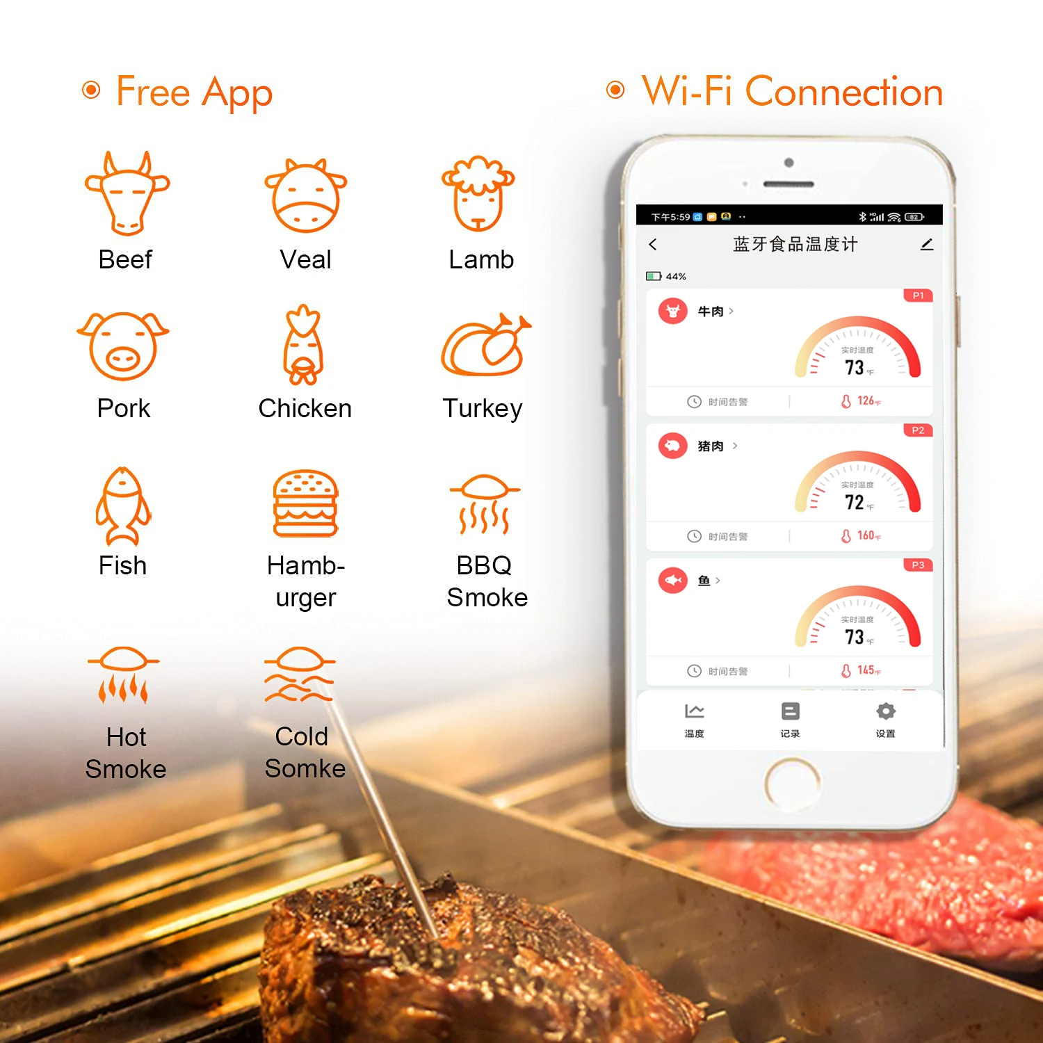 Rechargeable Wireless 4 Probes WiFi Digital BBQ Smoker Oven Kitchen Meat Grill Thermometer