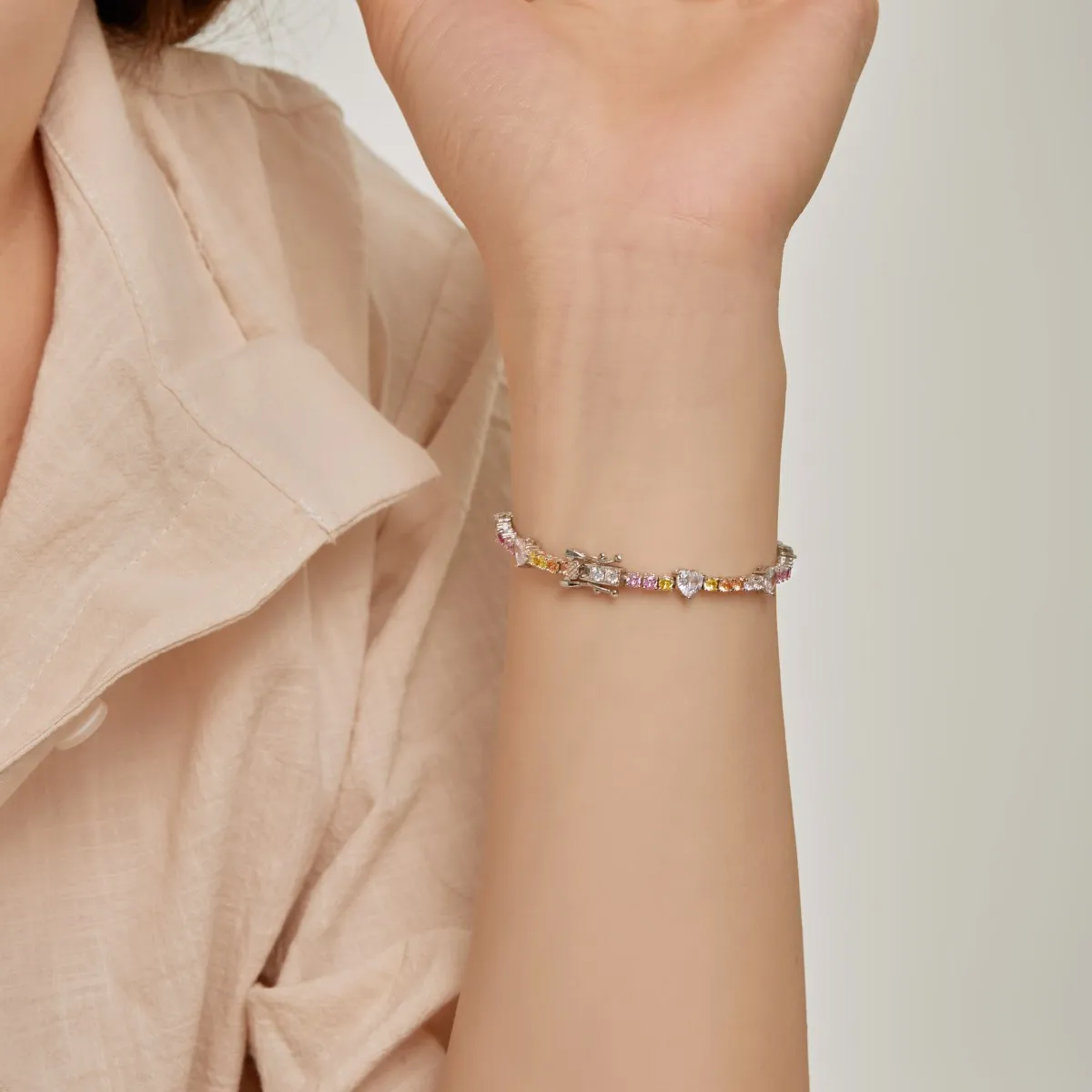Dylam Korean Trendy Multi Color S925 Silver Pink Diamond Bracelet Bling Cz Cubic Zircon Pear Shape Bracelets For Women Jewelry