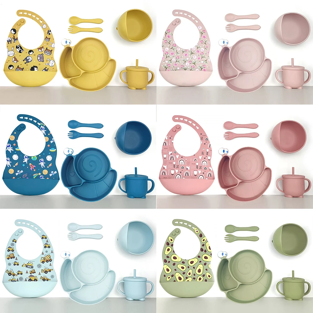 Silicone Feeding Set With Pattern Baby Bibs Snail Plate And Straw Cup For Baby Dining Tableware Set Waterproof Babero