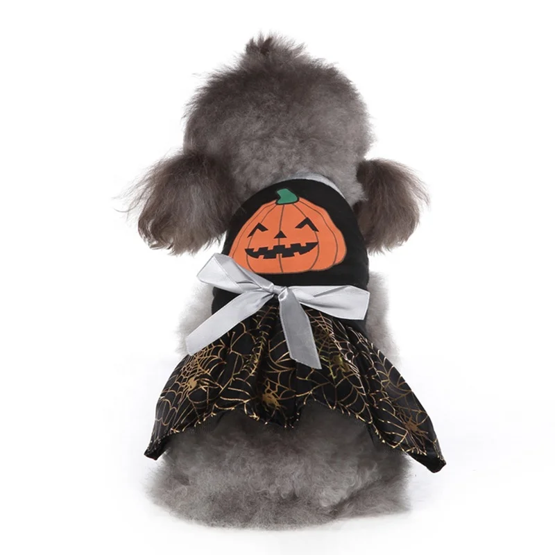 Modern XL Polyester Dog Party Dress with Golden Spider Web Print for Halloween Pumpkin Head for Spring and Summer Season