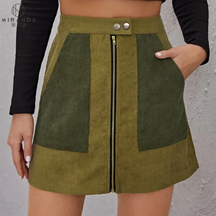 Custom Women Casual High Waist Front Zipper Mini Corduroy Skirts