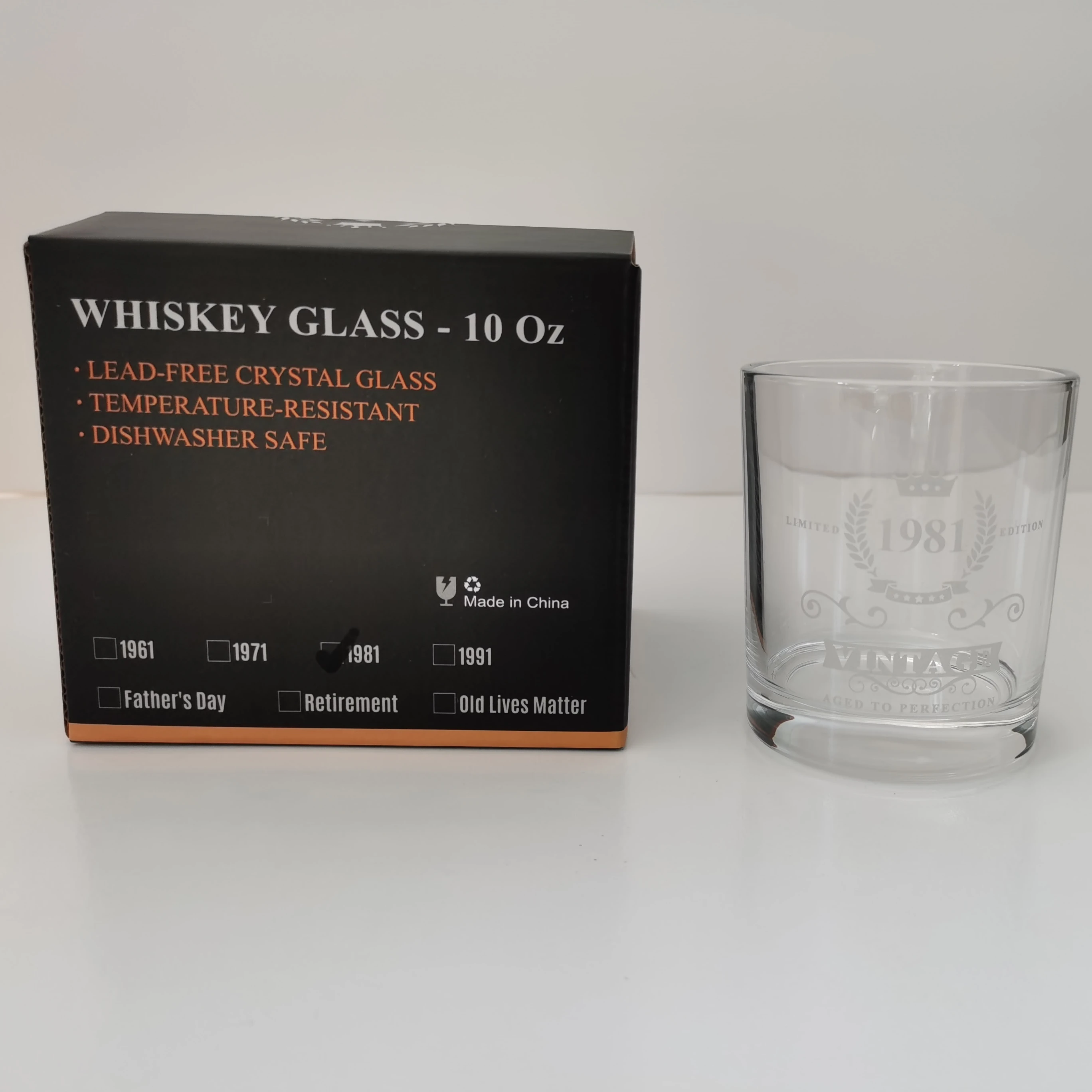 1981 whisky themed wine glass with lead-free crystal glass and high temperature cleaning resistance