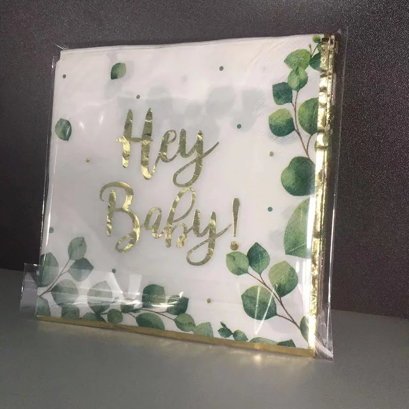 Green leaf gold foil printed paper napkins for decoupage hand towels disposable cutlery set with napkin